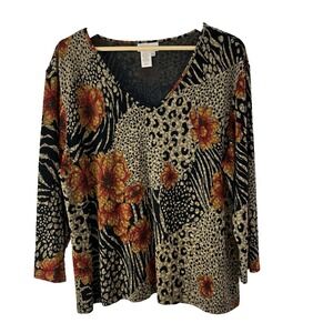 Coldwater‎ Creek Blouse Womens XXL  Animal Print Floral Tropical Vintage Stretch
